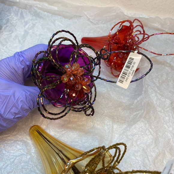 Christmas Ornaments Glass Lily W Beaded Color Purple Red Gold Set of 3 NWT - Picture 10 of 14